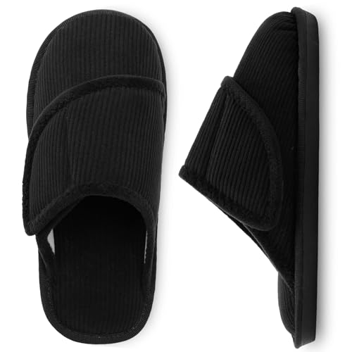 Besroad Mens Slippers Memory Foam House Slippers Adjustable Diabetic Shoes Corduroy Bedroom Slides House Shoes Indoor Outdoor