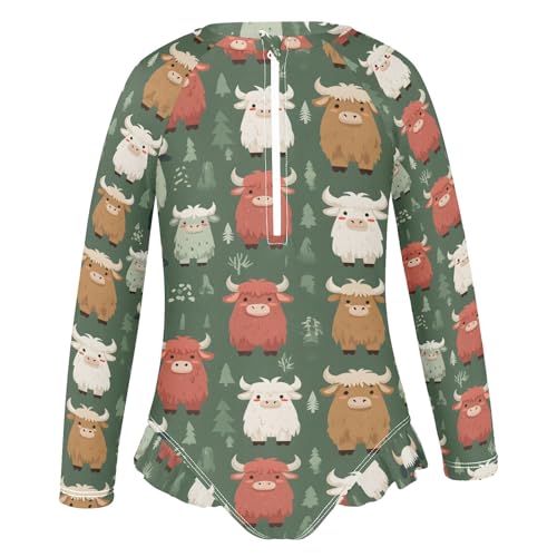 Carton Yak Pattern Girls Long Sleeve Swimsuit Rash Guard One Piece Bathing Suits Zipper 3-12T2