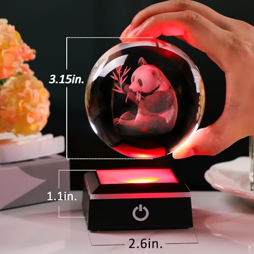 Image of 3D Panda Crystal Ball with Color-Changing LED Base - Laser Engraved Panda Gift for Women Men Kids, Decorative Night Light Paperweight for Desk /Bedroom - 3.15inch