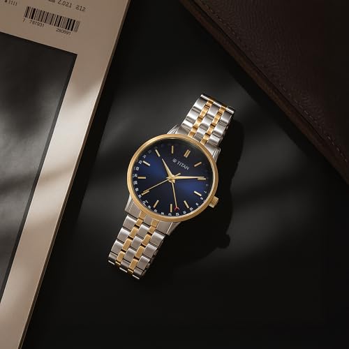 Image of Titan Elegance Analog with Date by Hand and Blue Dial Stainless Steel Dual Tone Strap Watch for Men - 90202BM01