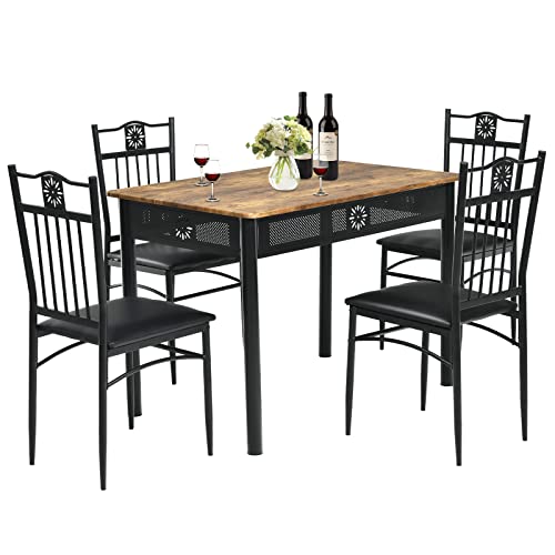 COSTWAY Conjunto Mesa y Sillas Comedor, 1 Mesa Rectangular y 4 Sillas Tapizadas, Mesa Cocina con Sillas, Estructura Metálica, Cocina Comedor Salón (Negro)