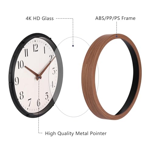 Image of Topkey 12 Inch Silent Wall Clock with Wooden Hour and Minute Hands - Round Wood-Like Frame & White Dial for Home Office Kitchen Decor - Wooden Brown