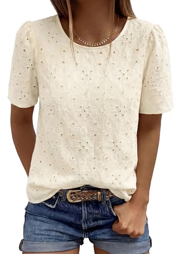 PRETTYGARDEN Embroidered Eyelet Tops for Women Summer Blouses Dressy Casual 2026 Spring Work Teacher Puff Short Sleeve Shirts (Apricot Medium)