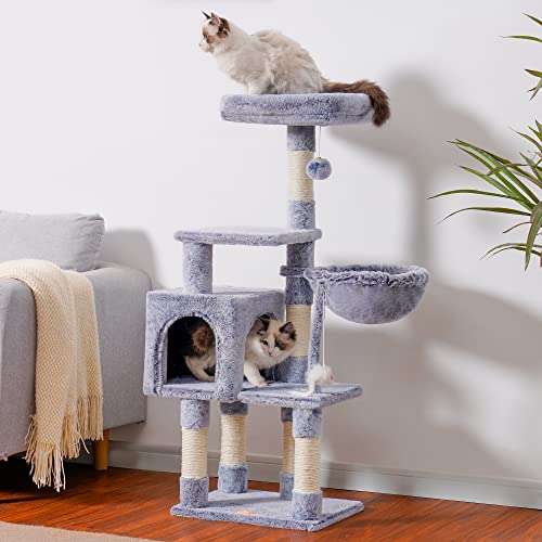Image of Heybly Cat Tree with Toy, 43.3 inch Cat Tower for Indoor Cats HCT004SPE | Cat Condo with Durable Sisal Scratching Posts, Cat House with Padded Plush Perch, Cozy Hammock, Smoky Gray