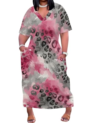 Image of PinkPatty Women's Plus Size Short Sleeve Maxi Dress Casual Loose V Neck Long Dress with Pockets
