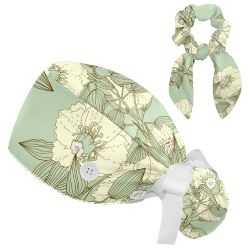Working Cap with Button Sweatband, Vintage Floral Plant Pattern Surgical Surgery Hats Ponytail Holder