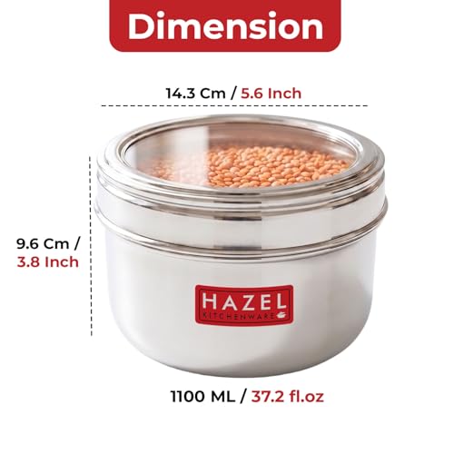 Image of HAZEL See Through Kitchen Storage Container Set 1100ml (Set of 6) | Stainless Steel Dabbas with Transparent Top for Pantry Use