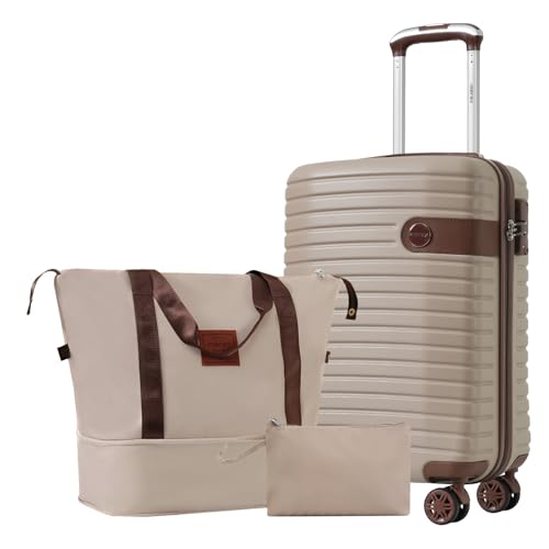 Merax Luggage Sets 3 Piece Carry on Luggage 22x14x9 Airline Approved, Durable and Lightweight Hardshell ABS Suitcases With Wheels, TSA Lock (Khaki, 20 Inch)