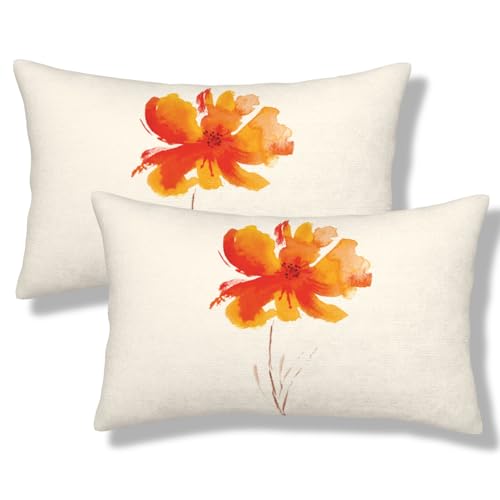 ZYLITHO Watercolor Flower Lumbar Throw Pillow Covers Single Poppy Flower Pillow Cases 12x20 Inch Set of 2 Nature Inspired Romantic Pillowcase Decorative Cushion Cover for Bedroom Couch Sofa