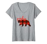 Damen Roter Flanell-Plätzchenbär mit Bärenmotiv T-Shirt mit V-Ausschnitt