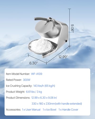 VEVOR Ice Crusher Machine, 143lbs Per Hour Electric 2 Blades Snow Cone Maker, Stainless Steel Shaved Ice Machine with Bowl and Cover, 300W 2000RPM Ice-Shaver for Home and Commercial Use, Silver