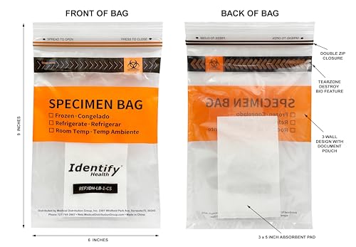 Identify Health Biohazard Specimen Lab Bags | 2000 Pack | 6x9 Inch 3-Wall Laboratory Double Zip Seal with Absorbent Pad and Document Pouch | TearZone Destroy BIO Feature (2000)