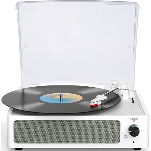 Image of Vinyl Record Player with Speakers Turntable Belt-Driven Turn Table Support 3-Speed 3 Size BT Wireless Playback Headphone AUX-in RCA Line LP Phonographs Audio for Beginner Classic Pure White