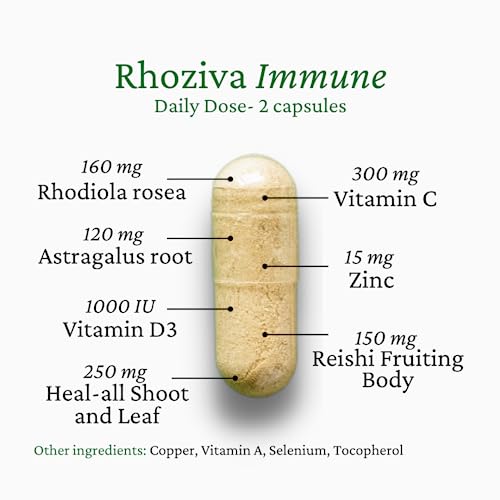 Rhoziva Immune. Immune System Booster Supplement, Stress & Energy Support. Rhodiola Rosea, Reishi Mushroom Extract, Astragalus, Prunella + Vitamins & Minerals. 60 Vegetarian Capsules. (Pack Of 1) #TOP2