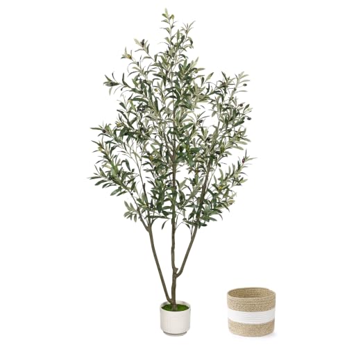LuceAlberi Artificial Olive Tree 6FT Faux Indoor with Planter&Cotton Basket