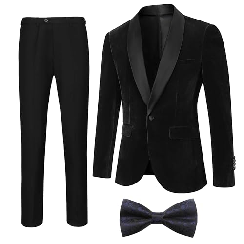Men's 2 Piece Velvet Suit One Button Slim Fit Formal Wedding Prom Tuxedo Blazer Pants with Navy Floral Bow Tie Set