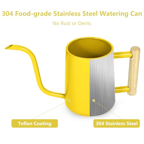 Image of Watering Can Indoor Plants, 35 oz /1000 ml Metal Stainless Steel Watering Can Pot with Long Spout for Indoor House Plants Bonsai Outdoor Garden Flower Decorative (Yellow)