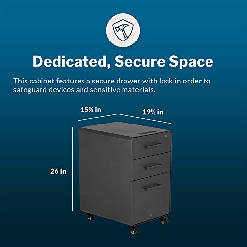 Image of Vari Three Drawer File Cabinet - Mobile Filing Cabinet for Home or Office - Hanging File Storage - Lockable Drawers with Heavy-Duty Steel and Rolling Casters - Charcoal Grey