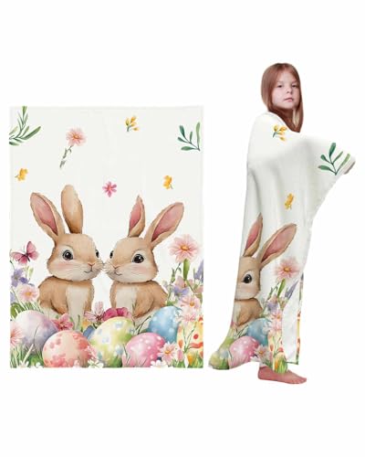 Spring Easter Throw Blankets, Bunny Eggs Soft Fleece Blanket Decorative for Home Sofa Couch Chair Living Bedroom,30x40 Inches, Seasonal Holiday Rabbit Flower Leaves