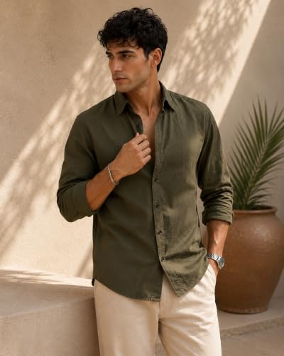 Image of Men Linen Cotton Full Sleeve Shirt for man | Mens Casual Shirt |Shirts for Men Stylish | Men Shirts | Casual Business Party Festival Regular Fit