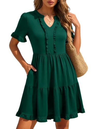 Image of Berydress Womens Summer Dresses 2026 Short Sleeve Babydoll Mini Sun Dress | V Neck Sundress with Pockets, Flowy Tiered Ruffle Hemline, Casual Wear, Boho Beach Vacation, Going Out, Wedding Guest