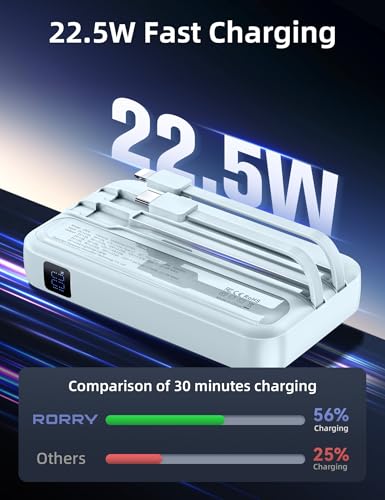 Image of RORRY Portable Charger w /Wall Plug 10000mAh Power Bank 22.5W Battery Pack | Built in Cables, Fast Charging, for iPhone, iPad, Samsung Galaxy, Pixel, LG, Travel Essential, Digital Display, Pocket Size