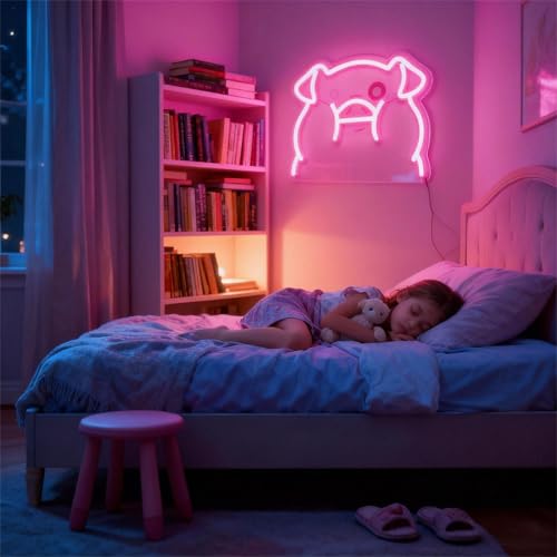 Image of Pink Pig LED Neon Sign | USB Powered Night Light, Nursery Wall Decor, Kids Room Art Lamp, 12.6x10 inches