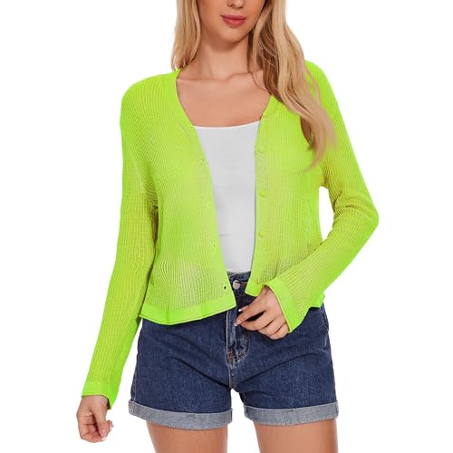 Image of Huuloo Women's Summer Lightweight V Neck Button Down Long Sleeve Cardigan Sweater Green