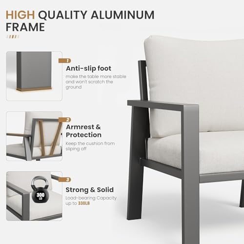 Image of Outdoor Loveseat with Coffee Table Small Furniture Aluminum Patio Love Seat Couch Outdoor Chairs with 4 inch Cushion Loveseats Sofa for Poolside,Balcony,Deck,Yard