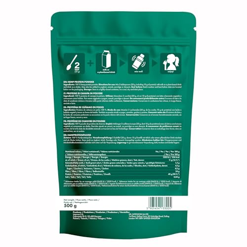 Intenson Hanfproteinpulver, 500 g, Hoher Proteingehalt, Unterstützt Muskelerhalt und Regeneration, Vegan und Keto-geeignet, Glutenfrei, Ohne Zusatzstoffe