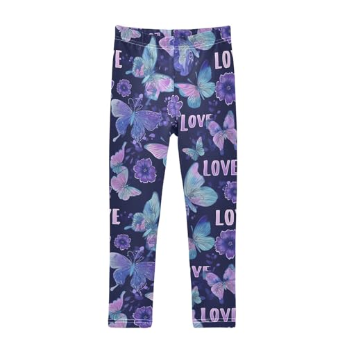Purple Butterfly Love Girls Leggings Ultra Soft Compression Yoga Gym Pants for Kids 4-10T