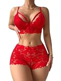 Lilosy Sexy Strappy Harness Women Floral Lace Pajamas Lingerie Set High Waist Sheer Sleepwear See Through Nightwear Bow Ties Cami Shorts Bra and Panty 2 Piece Bright Red Medium