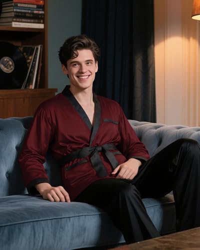 Men's Short Silk Bathrobe Satin Smoking Jacket Lightweight Single Layer Unlined Pajamas Sleepwear3