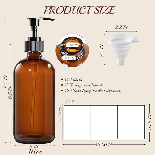 12 Pack Amber Glass Bottles 16oz with Pump Dispensers, Refillable Empty Pump Bottles for Bathroom, Kitchen, Shampoo, Soap, Lotion – Includes 2 Funnels & 12 Labels3