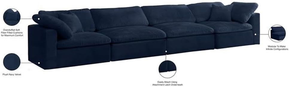 BOWERY HILL Contemporary Modular Sofa, 4-Piece Set, Soft Navy Velvet Upholstery, Cloud-Like Fiber-Filled Cushions, 142" W x 32" D x 35" H, Comfortable Seating for Living Room or Lounge Spaces
