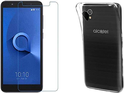 COMPATIBILE Compatible para ALCATEL 1 (2019) Pantalla 5.0 5033D Funda Carcasa protección Gel Silicona Soft Slim TPU Suave Transparente + película Vidrio Templado antigolpes Pantalla antiarañazos