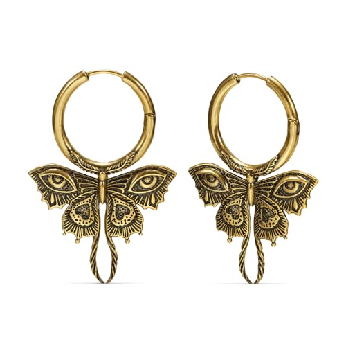 PUNKYOUTH Enchanted Flutter Antique Gold Butterfly Eye Earrings 18G Vintage Punk Drop Hoops with 925 Sterling Silver Post Gothic Alternative Jewelry for Women