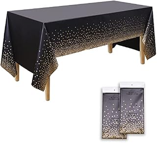 Bemece Disposable Plastic Tablecloths 54"x108", 2 Pack Party Rectangle Tablecloths, Black Gold Dot Confetti Table Cover for Wedding Birthday Picnic