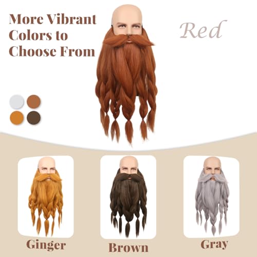 Honcloud Realistic - Novelty Viking Dwarf Pre-Styled Braided Fake Beard for Cosplay & Halloween(Red)