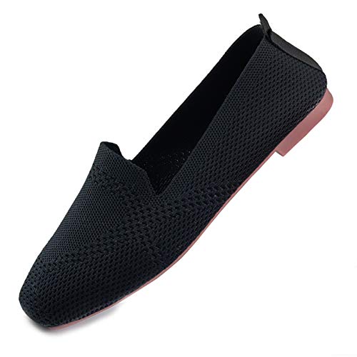 Image of RVROVIC Women Flat Shoes Knitted Lightweight Slip-on Loafers Breathable Soft Comfortable Ballet Flats(7,Pure-Black)