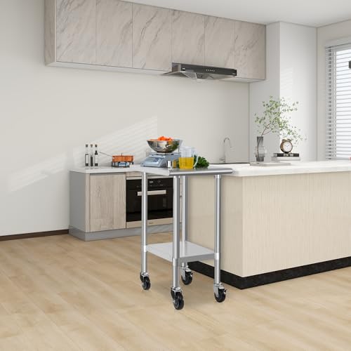 Image of HARDURA Stainless Steel Commercial Table Prep & Work Table with Casters Heavy Duty Metal Table with Wheels NSF 430 24x24 Inches