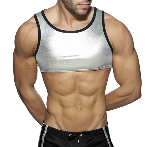 Caxndycing Crop Top Hombre Metálico Brillante Bronceado Nocturno Fiesta Camisa Brillante Camiseta sin Mangas Sexy Clubwear Sin Mangas Cuello Redondo Camiseta de Tirantes Brillante Top Muscular, plata,