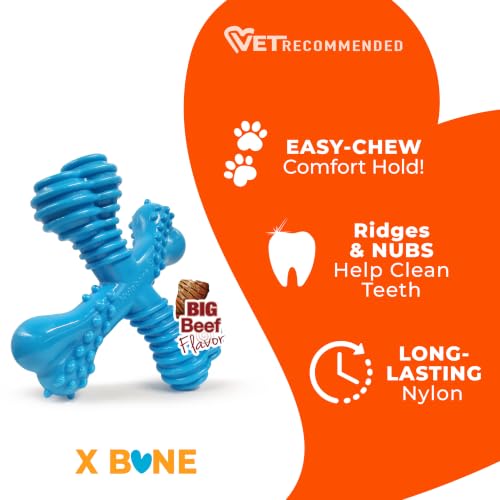 Image of Nylabone Power Chew Comfort Hold X Bone Dog Chew Toy, Beef Flavor, Small | Small breeds, durable dog toys for dogs up to 25 lbs, teeth-cleaning textures, discourages destructive chewing, long lasting