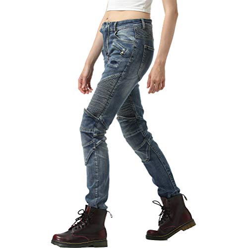 Takuey Women Street Motorcycle Riding Pants Motocross Racing Protective Jeans With Knee Hip Pads (M(30)=Waist 31.5") Blue #TOP6