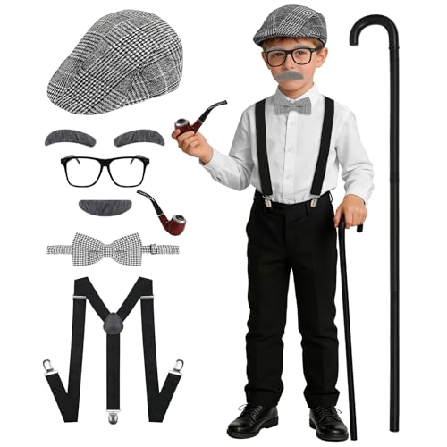 shyhand Old Man Costume for Kids 100 Days of School Costume Accessories for Boys Grandpa Cosplay Hat Cane Bow Tie Glasses Suspenders Fake Pipe Eyebrows Mustache Dress Up