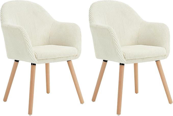 WOLTU Juego de 2 Sillas de Comedor y Cocina con Respaldo Mediano, cojín Doble de Pana y Patas de Estructura de Madera, adecuadas para Comedor, Cocina, salón y Dormitorio,Blanco Crema