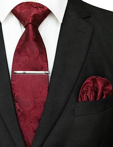 Image of JEMYGINS Mens Solid Color Paisley Necktie and Pocket Square with Tie Clip Sets