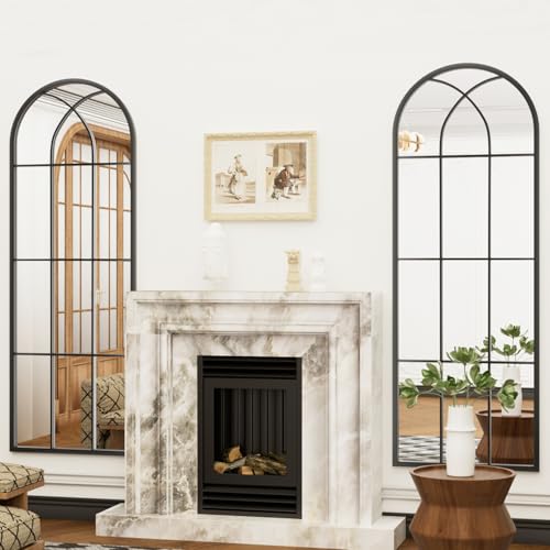 Image of Dewfig Arched Full Length Mirror, 65 inchx 22 inch Windowpane Floor Mirror, Black