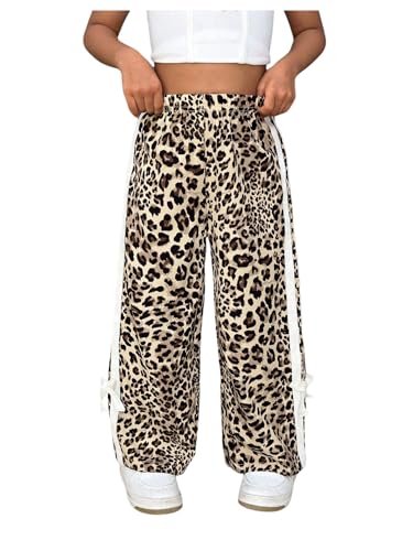 GORGLITTER Girl's Bow Cheetah Leopard Print Joggers Pants Baggy Y2K Wide Leg Elastic Waist Loose Sweatpants Bottoms