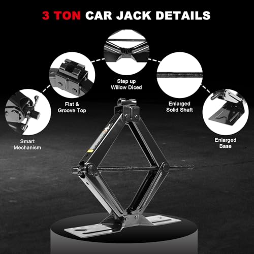 Image of Big RED Car Jack 3Ton /6610 lbs Universal Scissor Jack with Rubber Pad, Portable Tire Changing Kit with Lug Wrench, Emergency Kit for Sedan SUV MPV